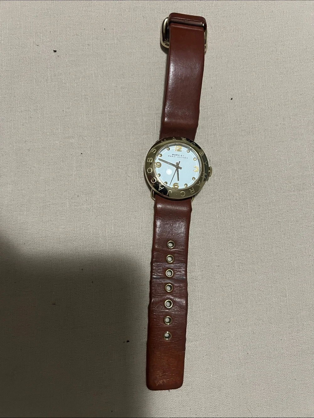 Women’s Marc Jacobs Cognac Leather Watch with Gold Accents and White Dial